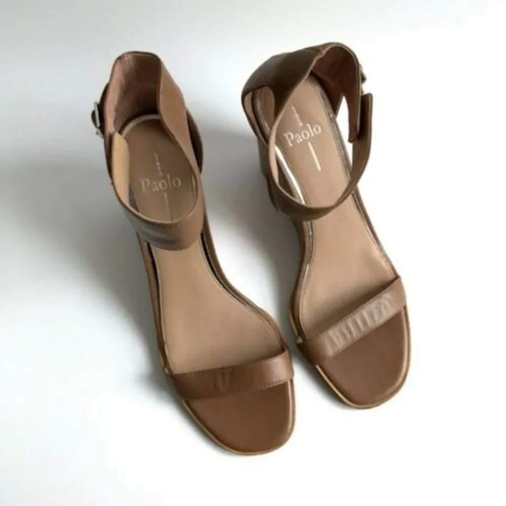 Linea Paolo Leather Elodie Ankle Strap Wedge Brown 9.5